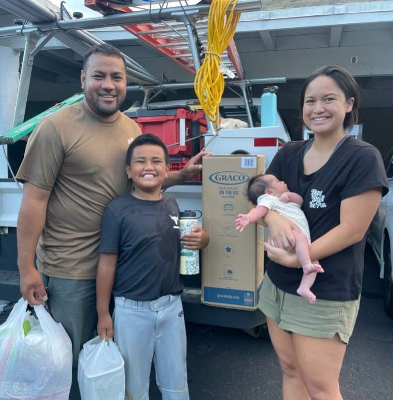 family with bags of food